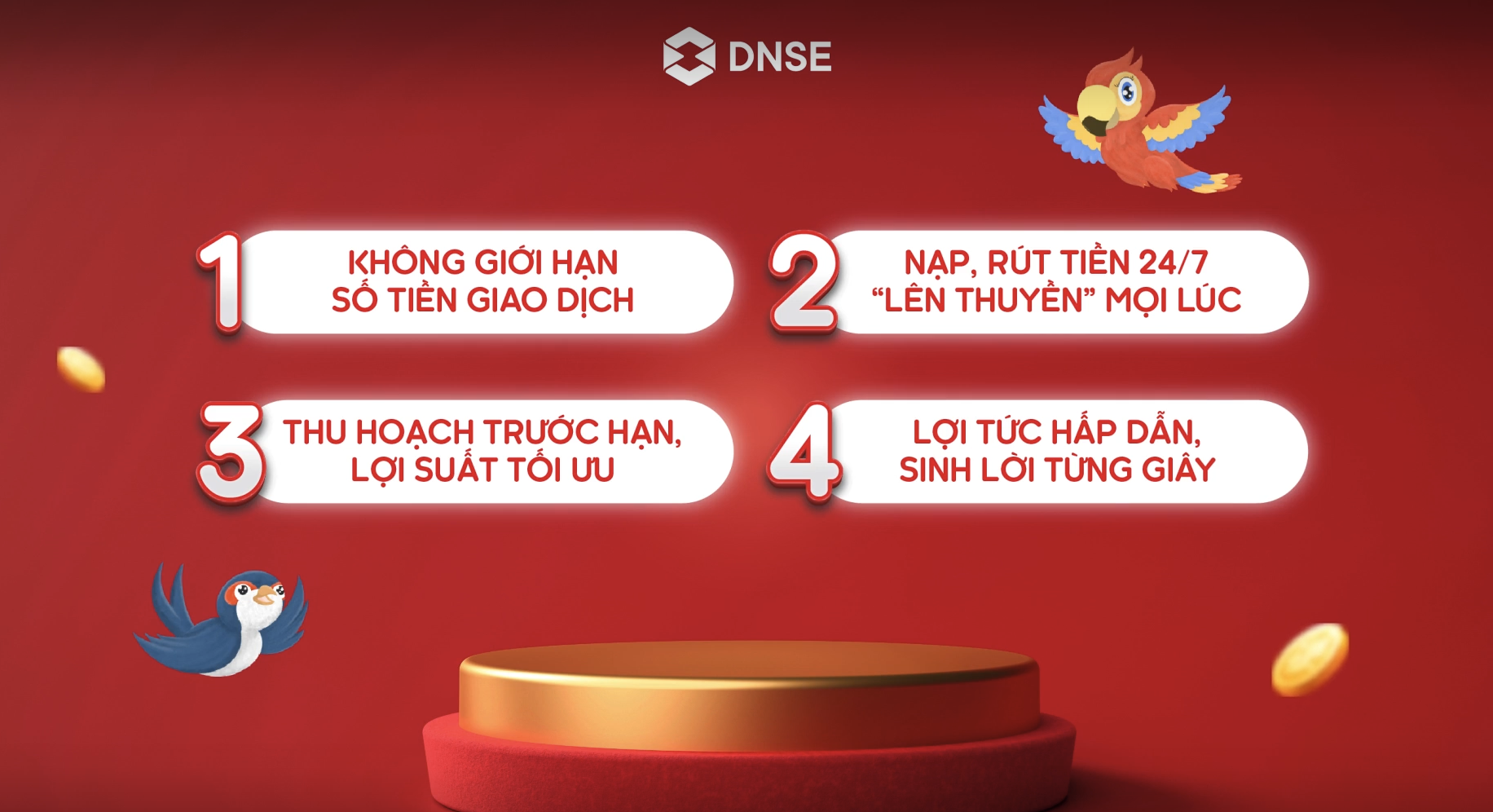 4 lợi ích chính: Không giới hạn số tiền giao dịch; Nạp rút 24/7; Thu hoạch trước hạn; Lợi tức hấp dẫn